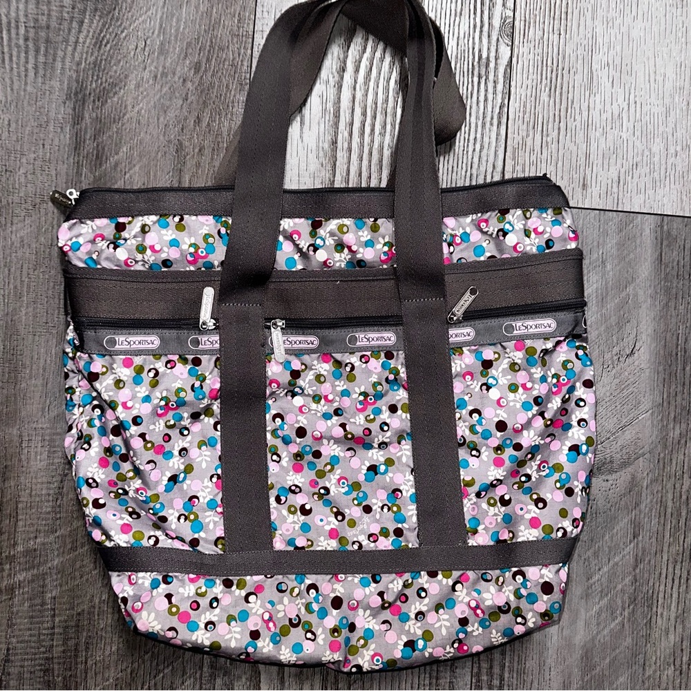 LeSportSac large gray pink floral tote shoulder bag luggage travel